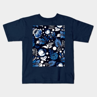 Blue Folk Flower Pattern Kids T-Shirt